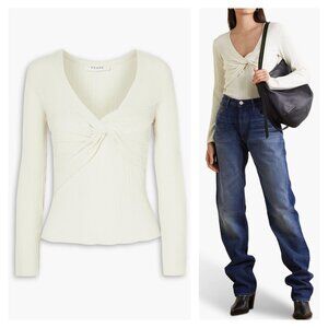FRAME Twist Front Ribbed Jersey Top Pullover in Ecru size M Stretch
